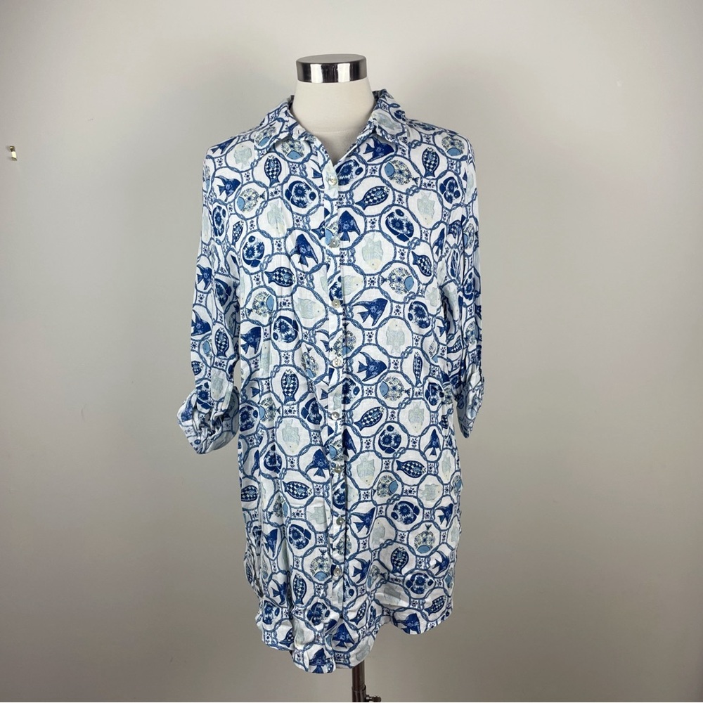 Isaac Mizrahi Blue White Fish Tropical Linen Collared Shirt Top Large Women